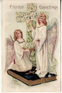 EASTER ANGELS on BIBLE / FLOWERED CROSS 1907 postcard  
