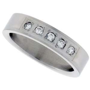 Surgical Steel Flat 5mm Wedding Band Ring 5 Pave` Set CZ Stones Matte 
