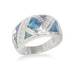  Silver Diamond Patteren Synthetic Blue Created Opal and CZ Ring Band 