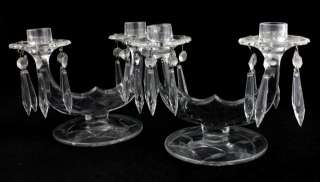 Set 2 Vintage Cut Clear Glass Double Candlestick Candle Holder w 