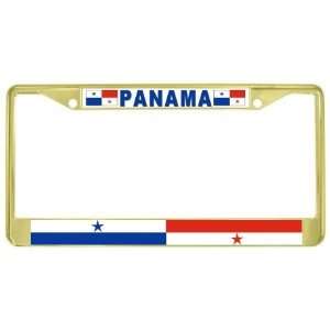   Panamanian Flag Gold Tone Metal License Plate Frame Holder Automotive