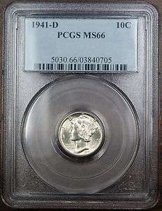 1941 D Mercury Silver Dime Coin, PCGS MS 66 (Full Split Bands) Read 