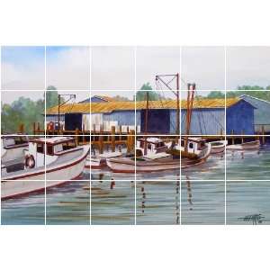  Deadrise Dock by Hugh Harris   Nautical Boats Ceramic Tile 