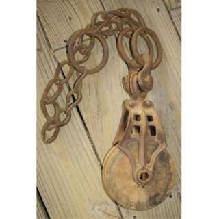Antique Cast Iron Wood Barn Farm Hay Pulley Tool w/Primitive Hand 