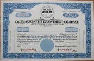 SPECIMEN Stock Certificate Commonwealth Investment Co.  