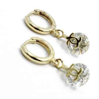 Gold 18k GF Earrings Hoop Huggie Swarovski White Crystal 10mm Designer 
