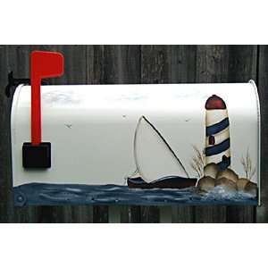 Handpainted Mailbox   Light House w/Sailboat/White 