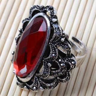  Oval Red Glass Crystal Flower Cocktail Ring S8.5 Adjustable  