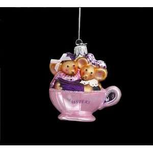  Sisters Brown Mice in Teacup Glass Christmas Ornament 