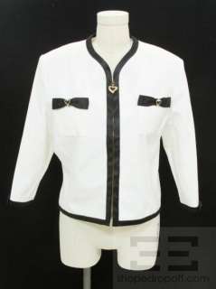 St. John Sport White Cotton & Black Satin Trim Heart Zip Jacket Size 