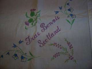   Embroidered White Linen FRAE BONNIE SCOTLAND Luncheon Tablecloth EUC