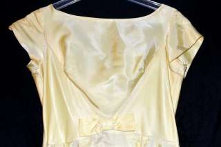 Vintage Pale Yellow Satin Floor Length Dress With Front & Back Kitten 