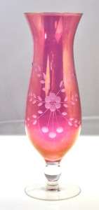   Cranberry Stain Etched Floral Glass Bud Vase Tapered 10 1/4  