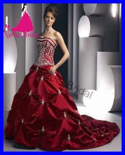 High Quality Red Satin Wedding Dress Bridal Gown Silvery Embroidery 