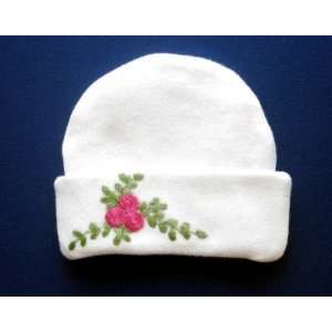  White Baby Hat with Dark Pink Flowers, Newborn to 12 lbs 