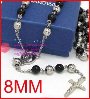 28 Stainless Steel Rosary 8mm Black Beads Necklace  