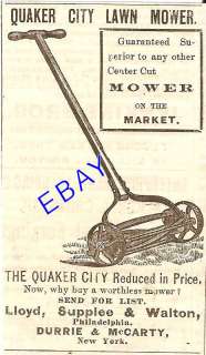 VERY OLD 1883 QUAKER CITY CENTER CUT LAWN MOWER AD  
