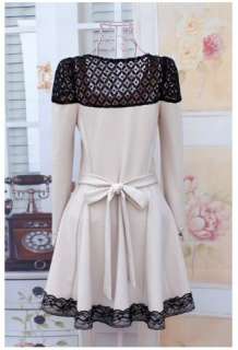   autumn simple smooth ruffles lace long sleeve short dress beige  