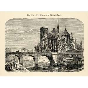  1882 Wood Engraving Notre Dame Church Paris France Seine River 