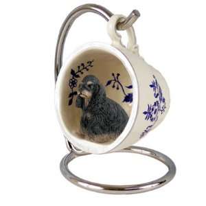  Cocker Spaniel Blue Tea Cup Dog Ornament   Black & Brown 