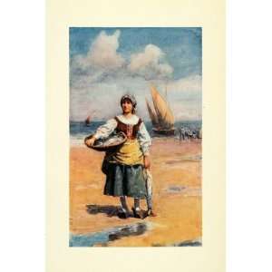  1908 Print Trevor Haddon Art Fisher Girl Malaga Spain Fishing Boats 