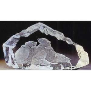 Large Polar Bear and Cubs Etched Crystal Sculpture by Mats Jonasson 