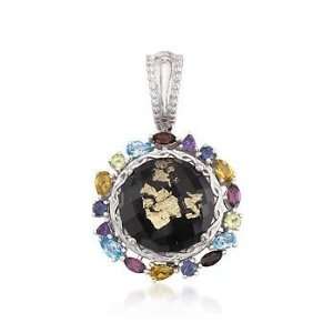   Multi Gemstone, Black Agate Doublet Pendant In Two Tone Jewelry