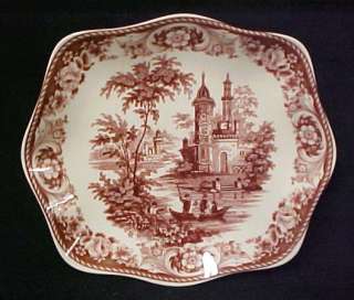 Red Transferware Porcelain Castle Willow Toile Tureen  