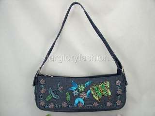 Elegant Blue Denim/Jean Beaded Butterfly Handbag Purse DF 0865