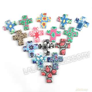30x New Colors Fimo Clay Flower Cross Pendants 140550  