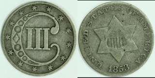 1853 3¢ Three Cent Silver Coin VG  