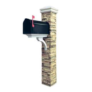 Eye Level Stacked Stone Beige Mailbox Post, Brace & Curved Cap 50 