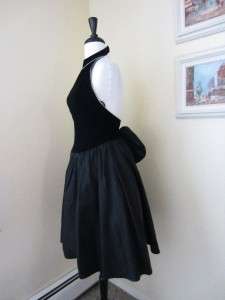 Vintage 1980s Black Velvet Taffeta Party Dress Halter Rhinestones 4 S 