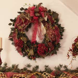 NEW RED BURGUNDY PINE CHRISTMAS HOLIDAY WREATH w/ BOW & RIBBON  