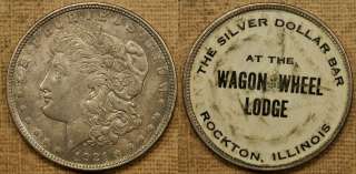 1921 Stickered Morgan Dollar   Silver Dollar Bar Wagon Wheel Lodge 