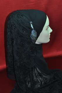 EmbroideredHandmade Silk Scarf Wrap Hijab Black Floral  