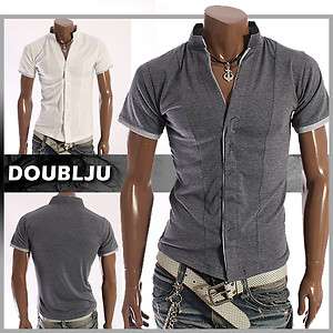 Doublju1 Mens V neck Half Collar Shirts GRAY/IVORY (DT06)  