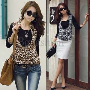   Womens Long Sleeve Tops 2 PCS Blouse Shirt+Leopard Print Vest Tank S