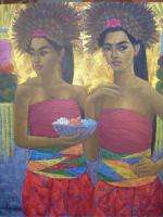 Balinese fine art Oil painting GIRLS GO TO THE PURA Signed Ubud Bali 