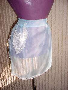 Vintage Sheer Blue Half Apron w Lace Heart Pocket  