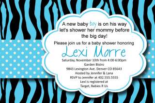 Custom Blue Zebra Print Polka Dot Baby or Bridal Shower Invitation 