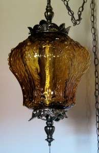 VINTAGE 60s   70s HANGING GLASS GLOBE & BRASS SWAG LAMP  