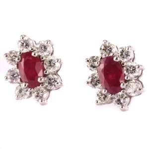    1.8 Carat White Gold Diamond Ruby Cluster Earrings Jewelry
