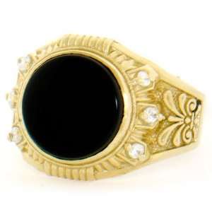  14k Solid Yellow Gold Round Onyx CZ Mens Ring Jewelry