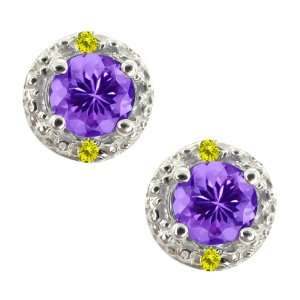   62 Ct Round Blue Tanzanite and Canary Diamond 18k White Gold Earrings