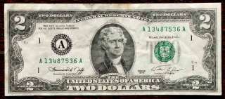 US 1976 2 DOLLAR BILLS   1976   $2 FEDERAL RESERVE NOTES  