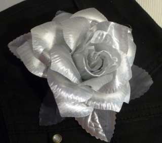 Rose Flower Hair Clip Brooch Lapel Pin Metallic Silver  