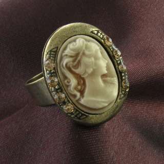 Antique Gold Vintage Style CAMEO Ring Oval Brown Stone Crystal Stone 