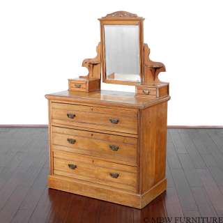 Antique Golden Walnut Chest Dresser Vanity w/ Mirror t72a  