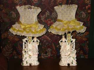 Antique / Vintage Victorian Figurine Porcelain Table Lamps w/ Pleated 